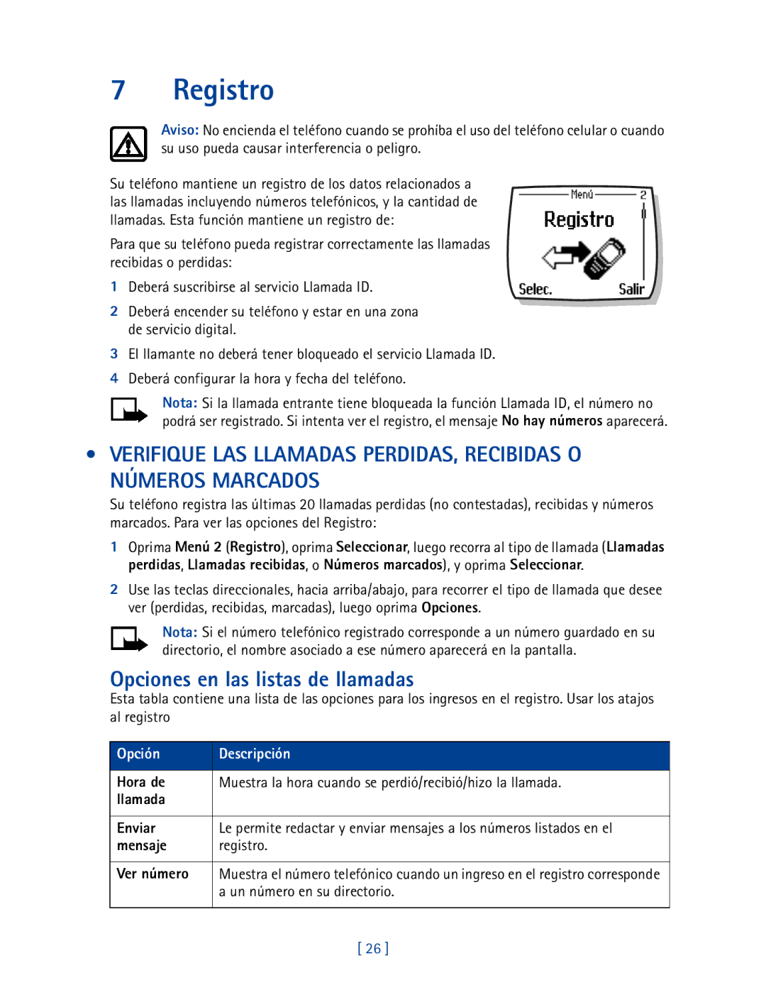 Nokia 2270 manual Opciones en las listas de llamadas, Opción Descripción, Mensaje Registro Ver número 