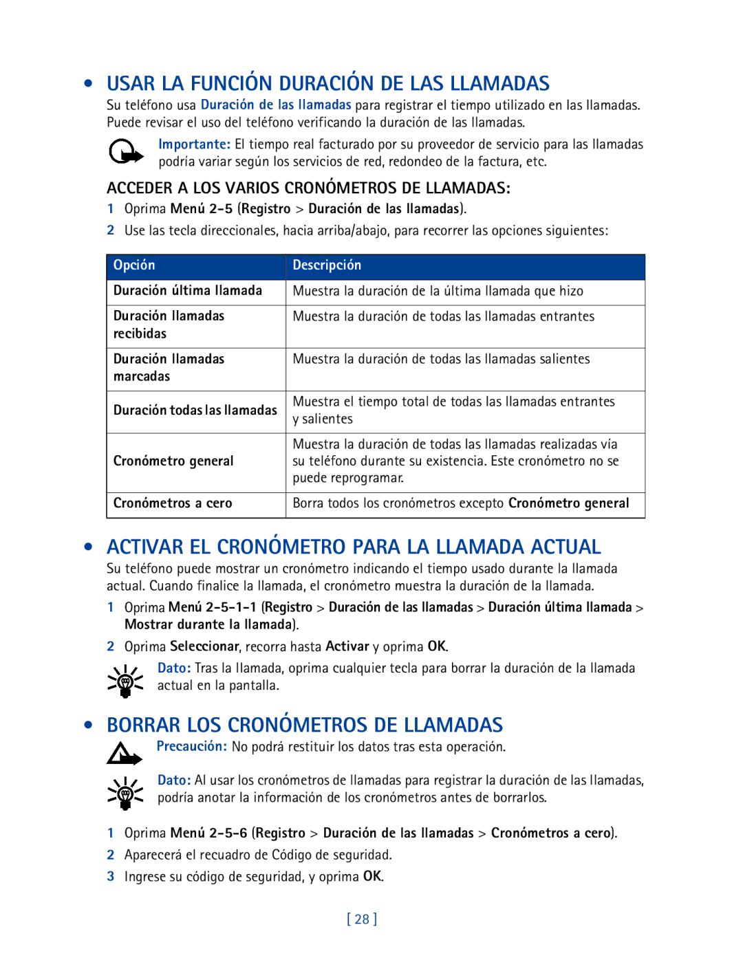 Nokia 2270 manual Usar LA Función Duración DE LAS Llamadas, Activar EL Cronómetro Para LA Llamada Actual 