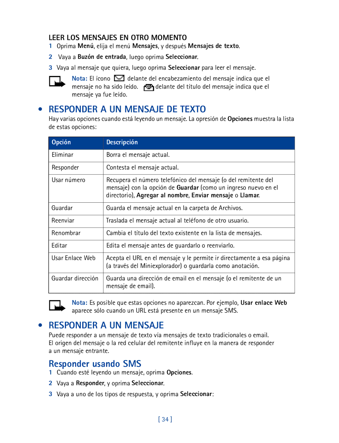 Nokia 2270 manual Responder a UN Mensaje DE Texto, Responder usando SMS, Leer LOS Mensajes EN Otro Momento 