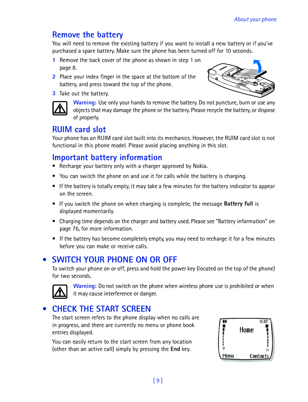 Nokia 2270 manual Remove the battery, Ruim card slot, Important battery information, Switch Your Phone on or OFF 