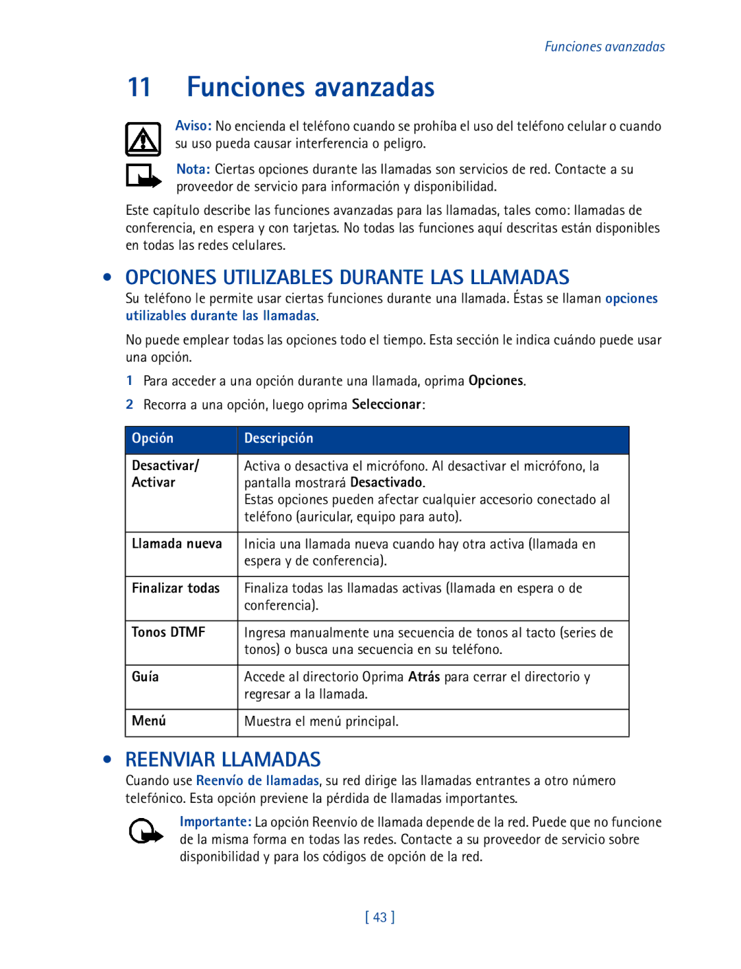 Nokia 2270 manual Funciones avanzadas, Opciones Utilizables Durante LAS Llamadas, Reenviar Llamadas 