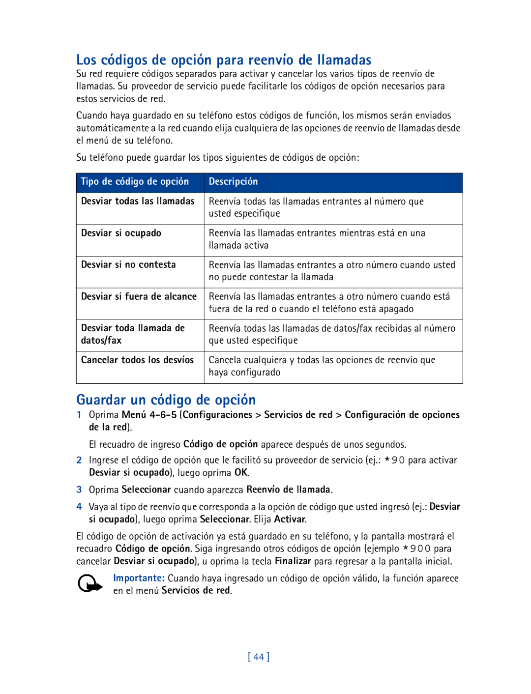 Nokia 2270 manual Los códigos de opción para reenvío de llamadas, Guardar un código de opción 