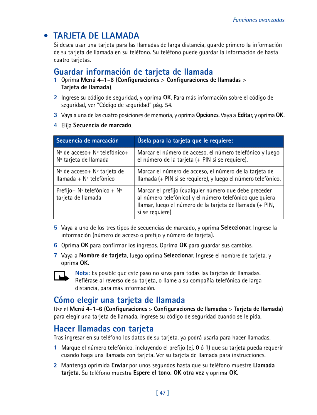 Nokia 2270 manual Tarjeta DE Llamada, Guardar información de tarjeta de llamada, Cómo elegir una tarjeta de llamada 