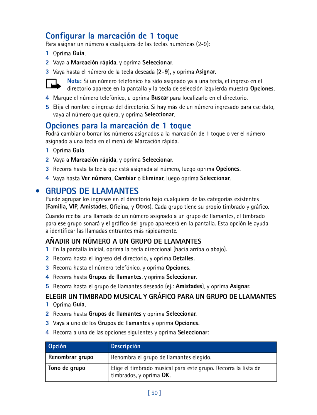 Nokia 2270 manual Configurar la marcación de 1 toque, Opciones para la marcación de 1 toque 