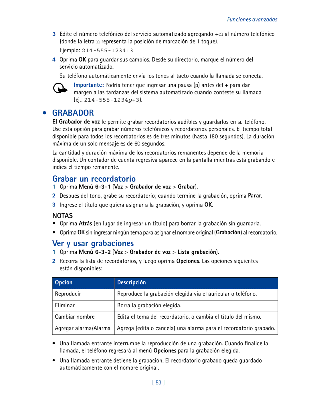 Nokia 2270 manual Grabador, Grabar un recordatorio, Ver y usar grabaciones, Notas 