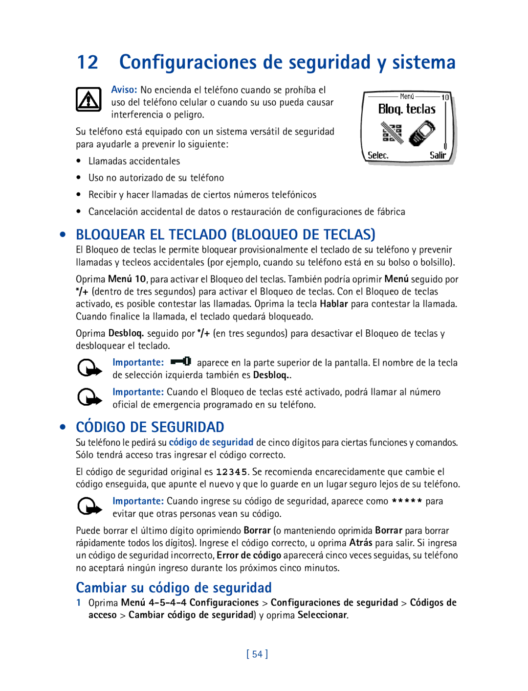 Nokia 2270 manual Configuraciones de seguridad y sistema, Bloquear EL Teclado Bloqueo DE Teclas, Código DE Seguridad 