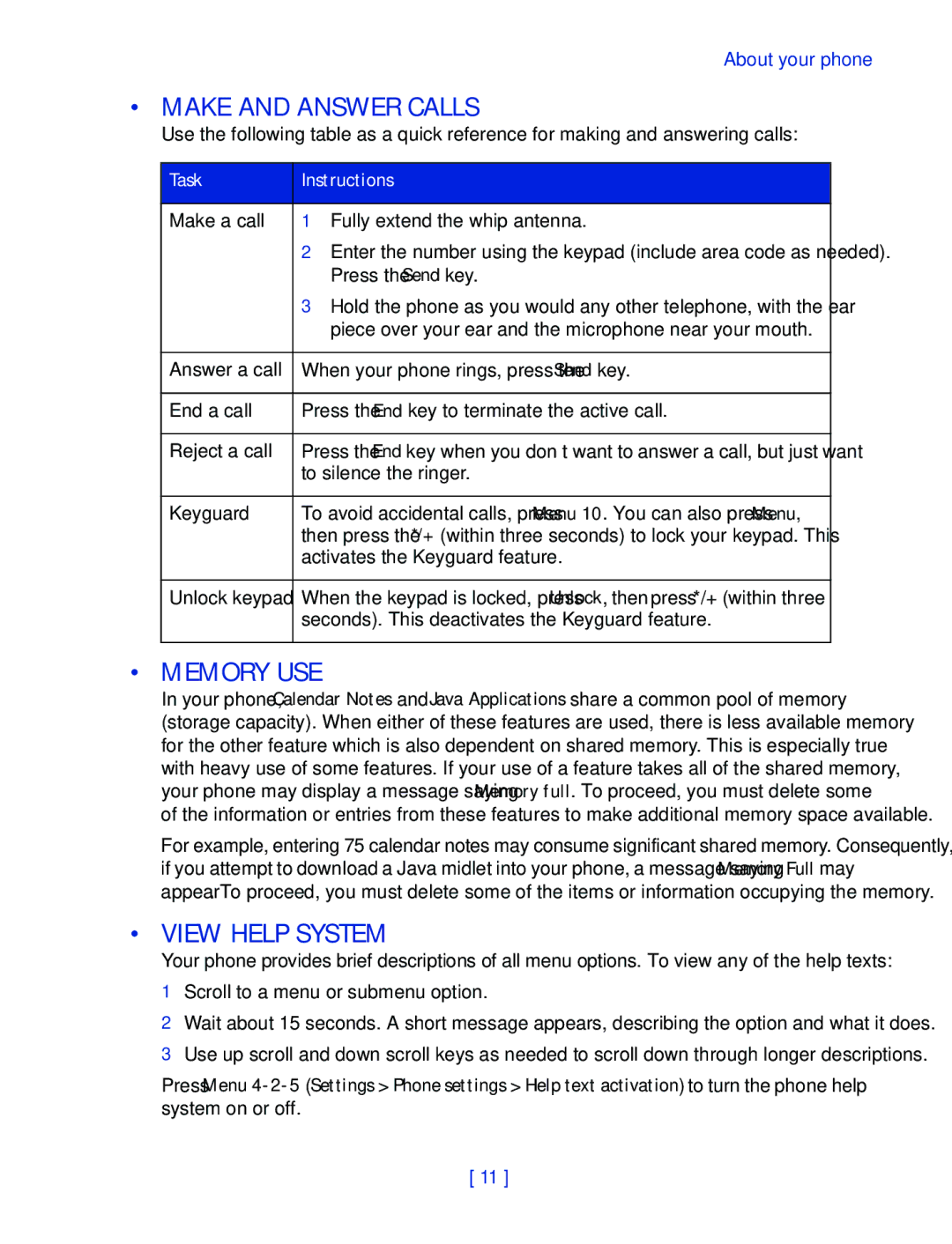 Nokia 2270 manual Make and Answer Calls, Memory USE, View Help System, Task Instructions 