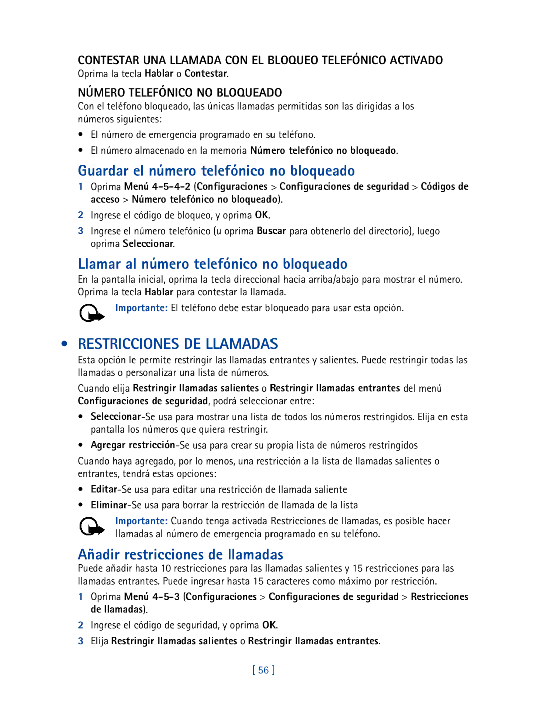 Nokia 2270 Guardar el número telefónico no bloqueado, Llamar al número telefónico no bloqueado, Restricciones DE Llamadas 