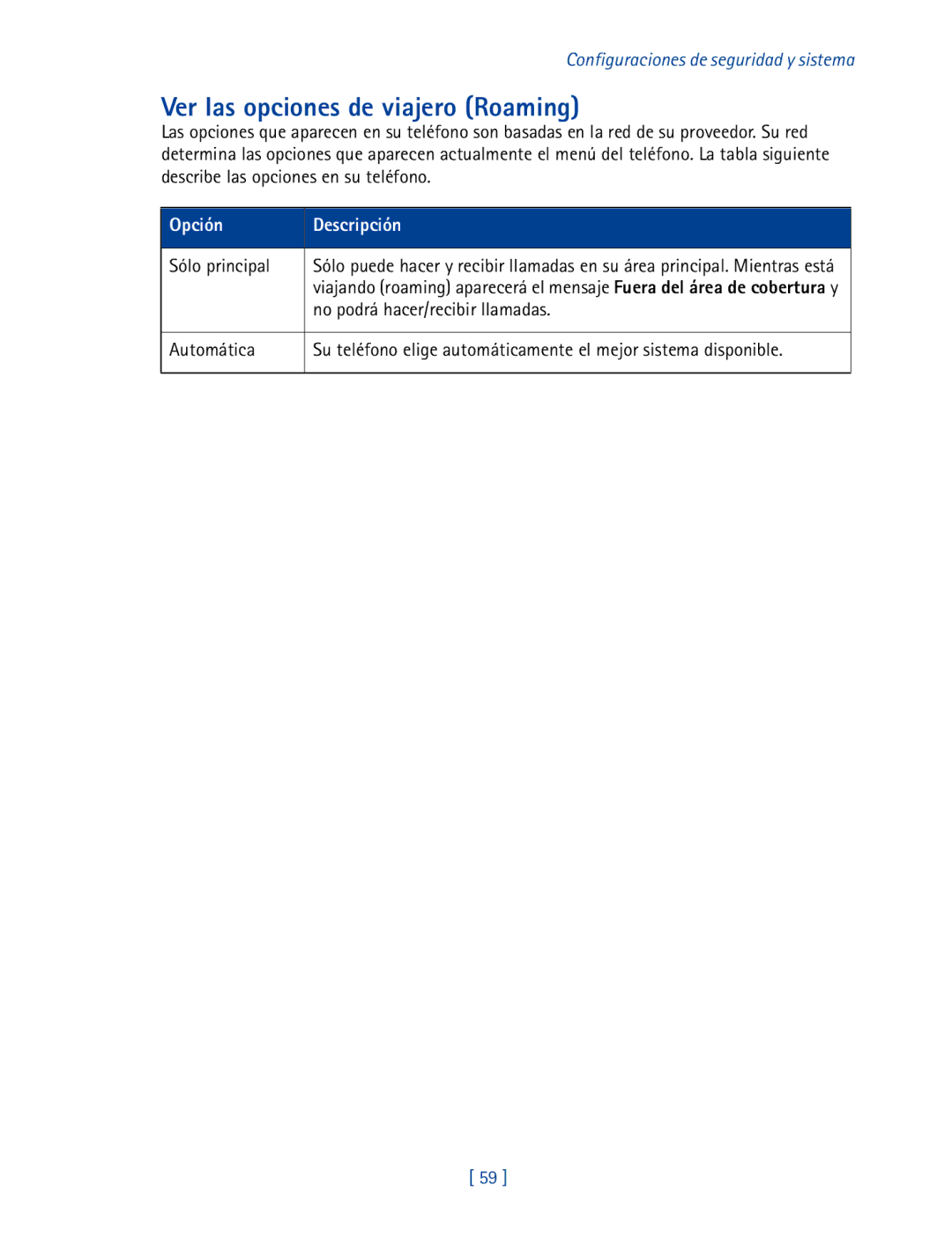 Nokia 2270 manual Ver las opciones de viajero Roaming, Sólo principal, No podrá hacer/recibir llamadas 