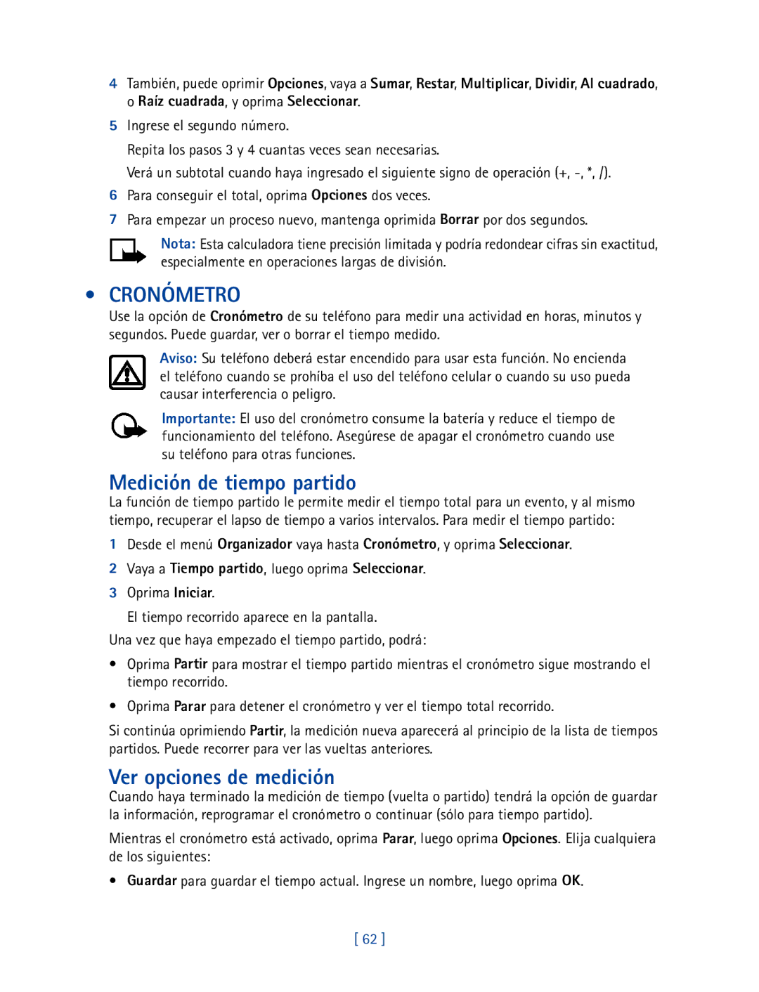 Nokia 2270 manual Cronómetro, Medición de tiempo partido, Ver opciones de medición 