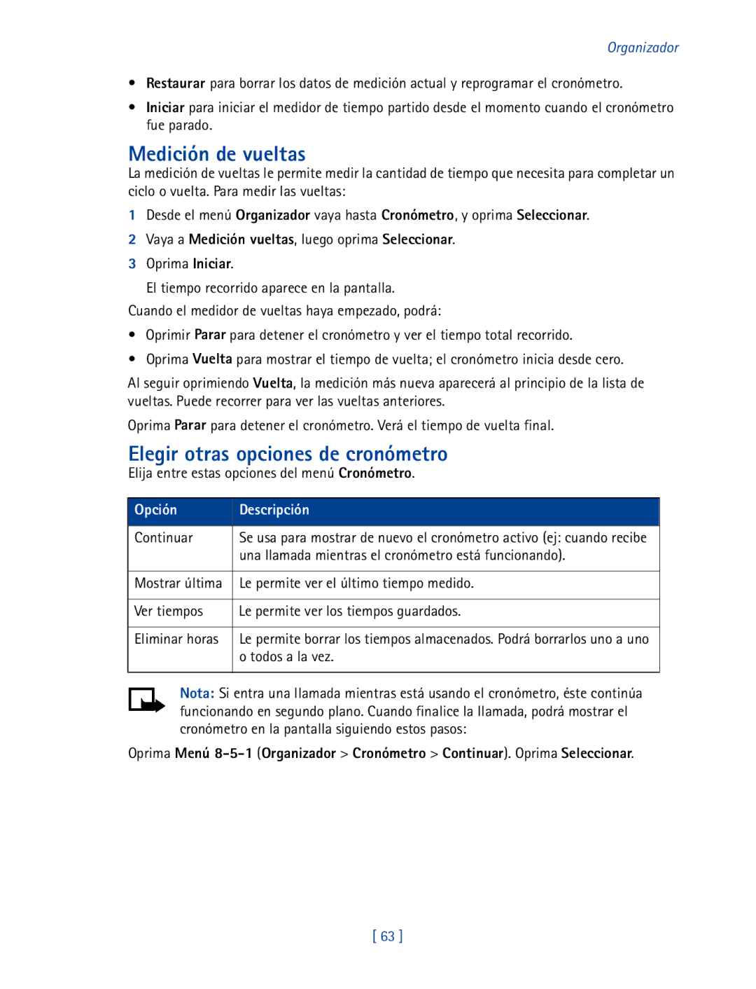 Nokia 2270 Medición de vueltas, Elegir otras opciones de cronómetro, Vaya a Medición vueltas, luego oprima Seleccionar 