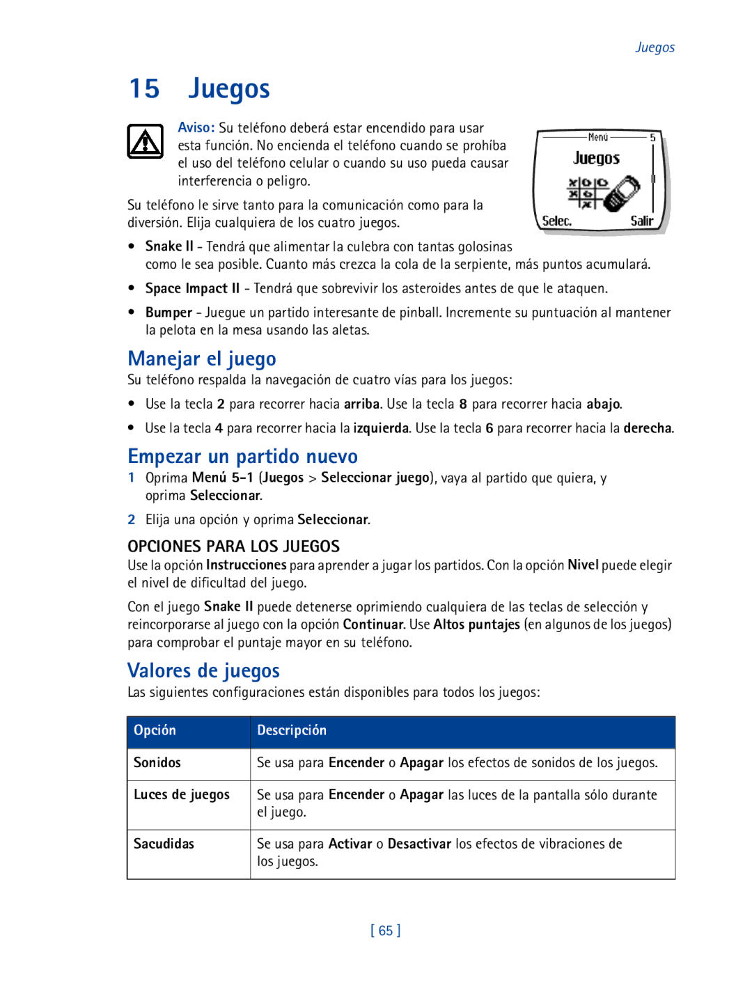 Nokia 2270 manual Manejar el juego, Empezar un partido nuevo, Valores de juegos, Opciones Para LOS Juegos 