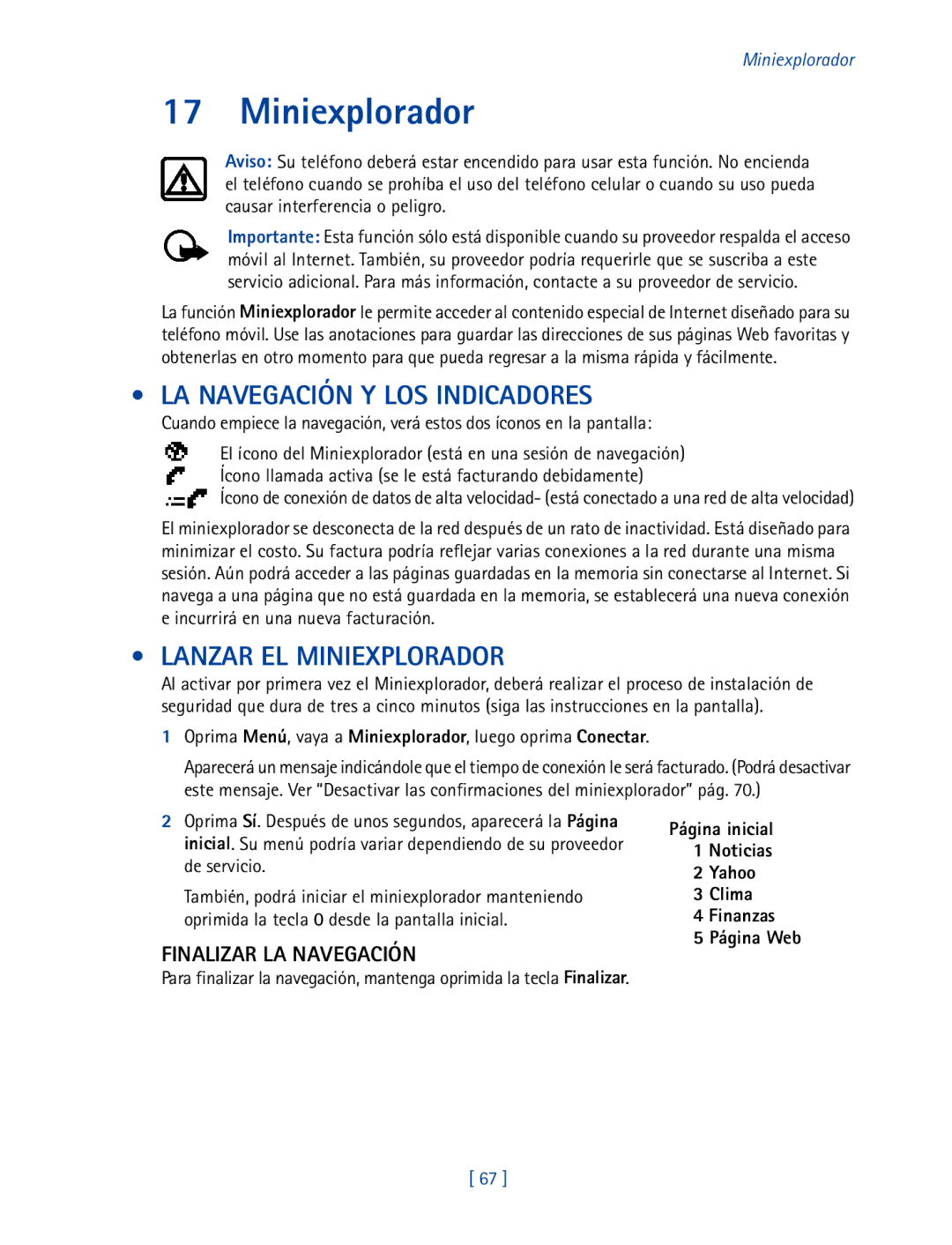 Nokia 2270 manual LA Navegación Y LOS Indicadores, Lanzar EL Miniexplorador, Finalizar LA Navegación 