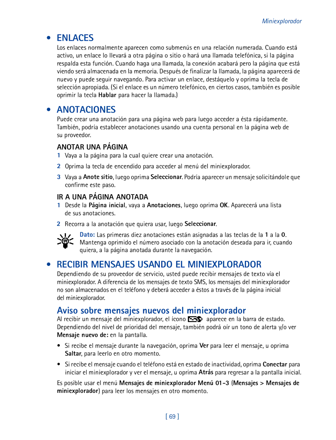 Nokia 2270 Enlaces, Anotaciones, Recibir Mensajes Usando EL Miniexplorador, Aviso sobre mensajes nuevos del miniexplorador 