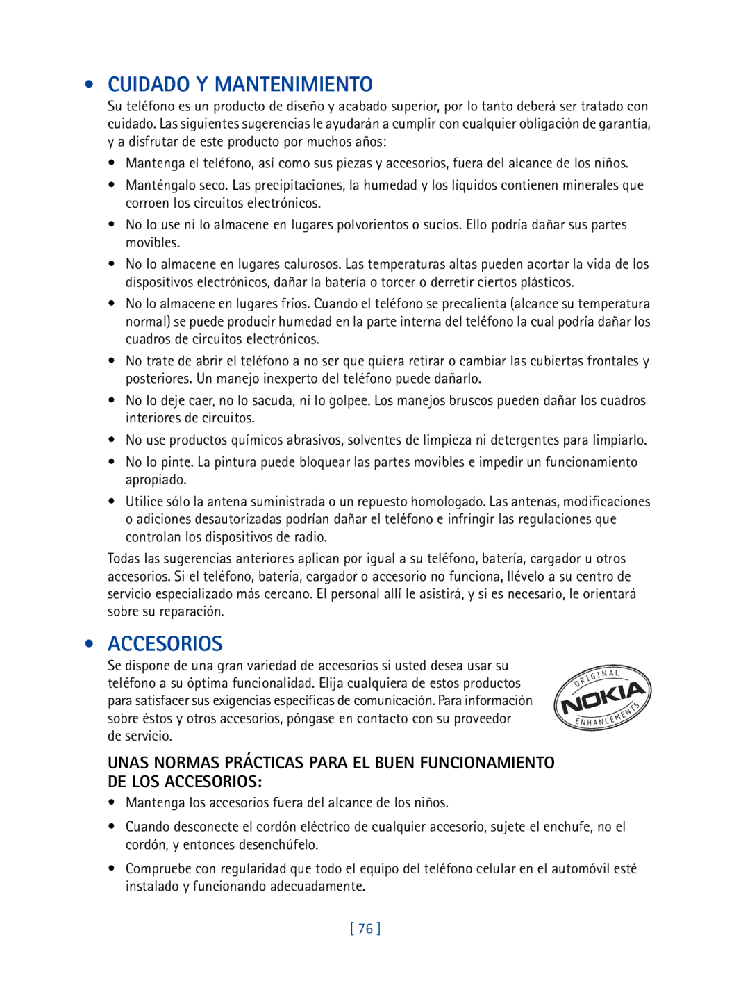 Nokia 2270 manual Cuidado Y Mantenimiento, Accesorios 