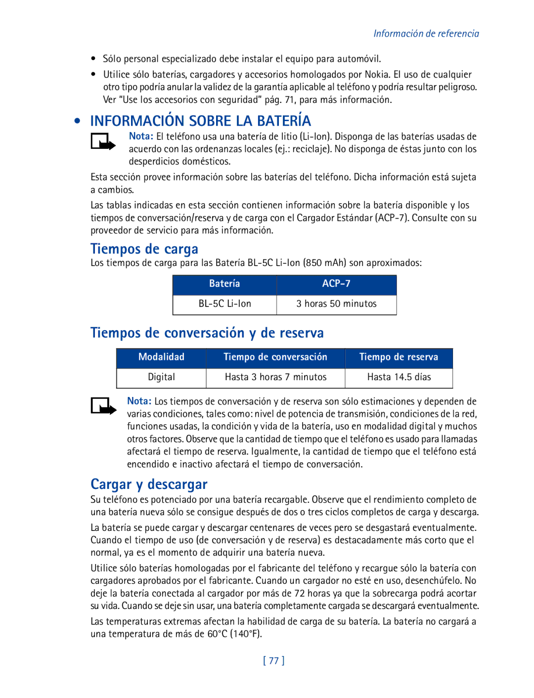 Nokia 2270 manual Información Sobre LA Batería, Tiempos de carga, Cargar y descargar, Batería ACP-7, Tiempo de conversación 