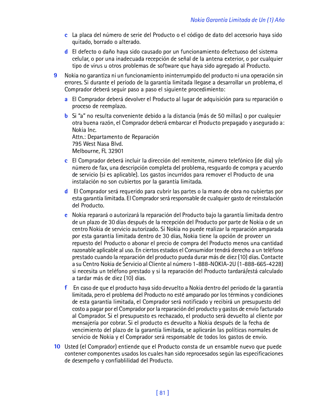 Nokia 2270 manual Nokia Garantía Limitada de Un 1 Año, Melbourne, FL 