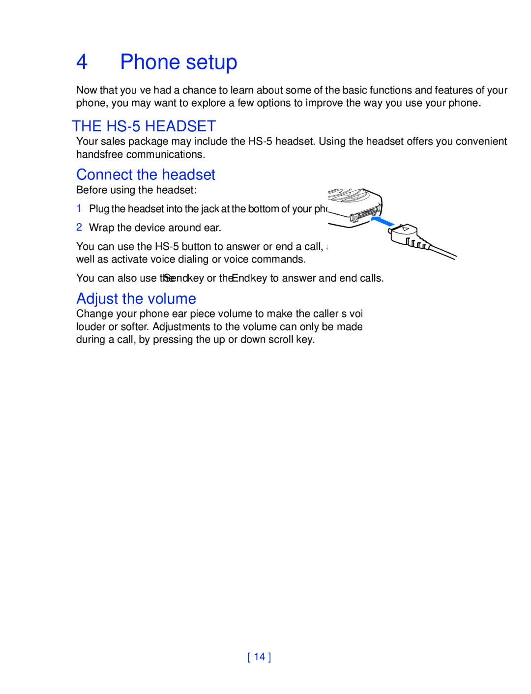 Nokia 2270 manual Phone setup, HS-5 Headset, Connect the headset, Adjust the volume 