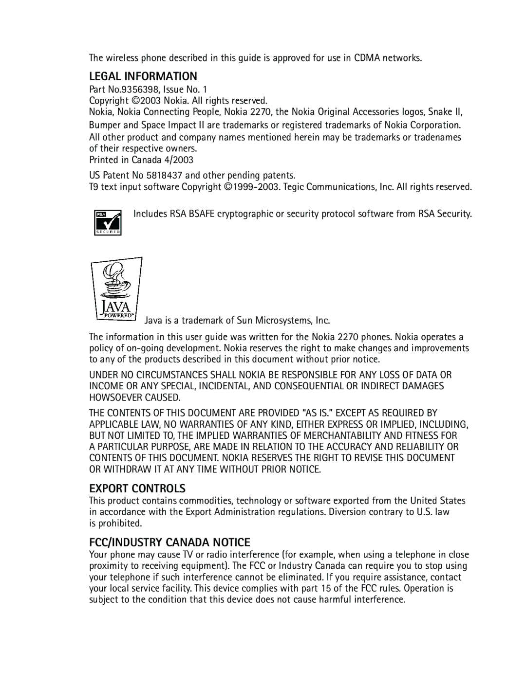 Nokia 2270 manual Legal Information, Export Controls, FCC/INDUSTRY Canada Notice, Is prohibited 