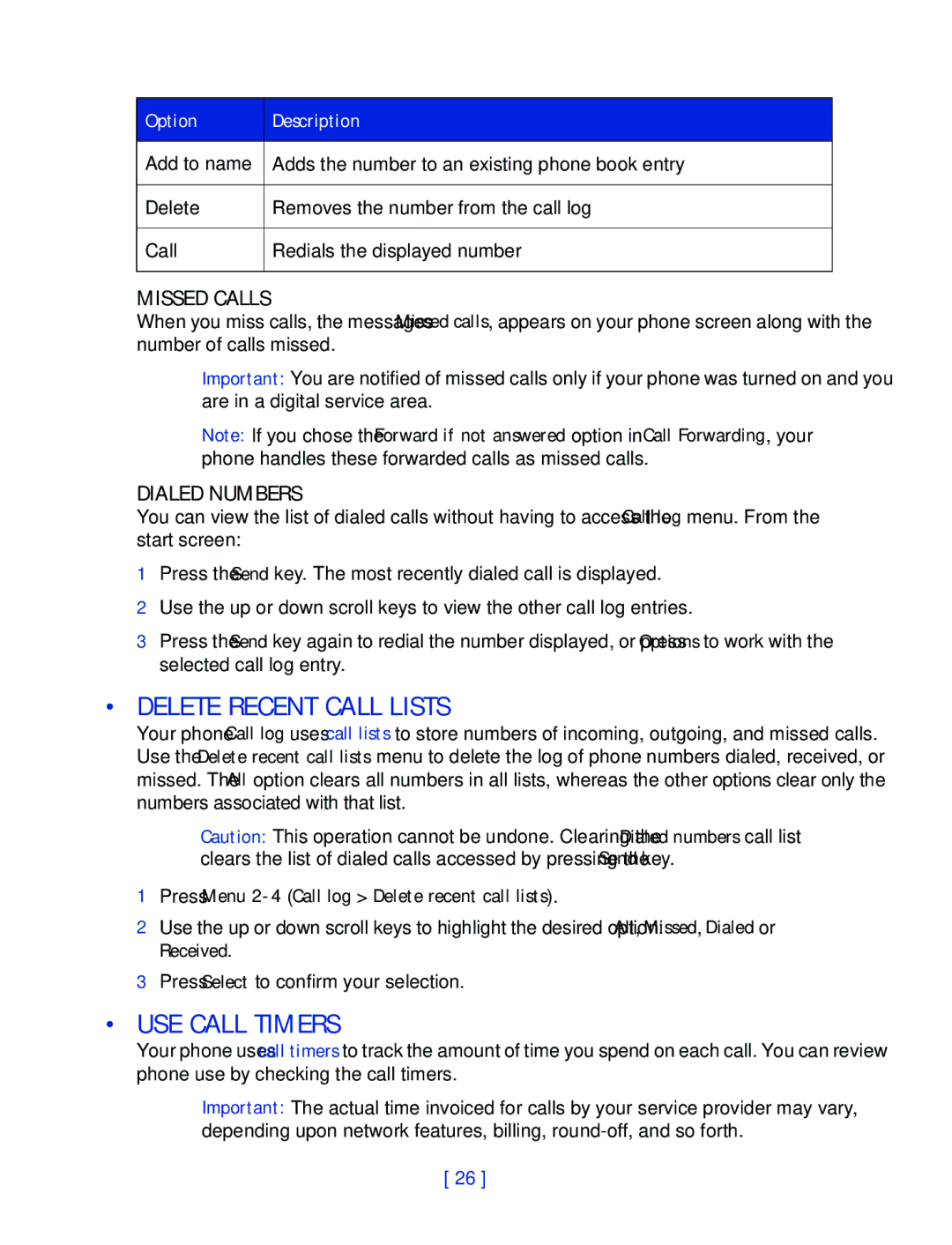 Nokia 2270 manual Delete Recent Call Lists, USE Call Timers, Missed Calls, Dialed Numbers 