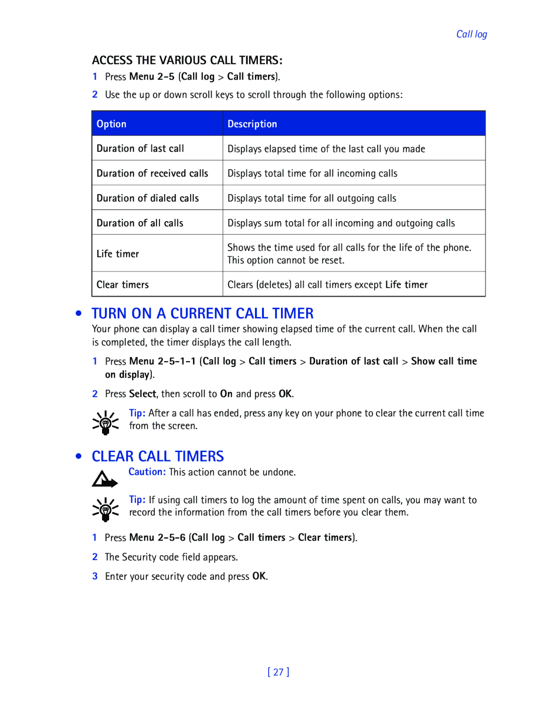 Nokia 2270 manual Turn on a Current Call Timer, Clear Call Timers, Access the Various Call Timers 