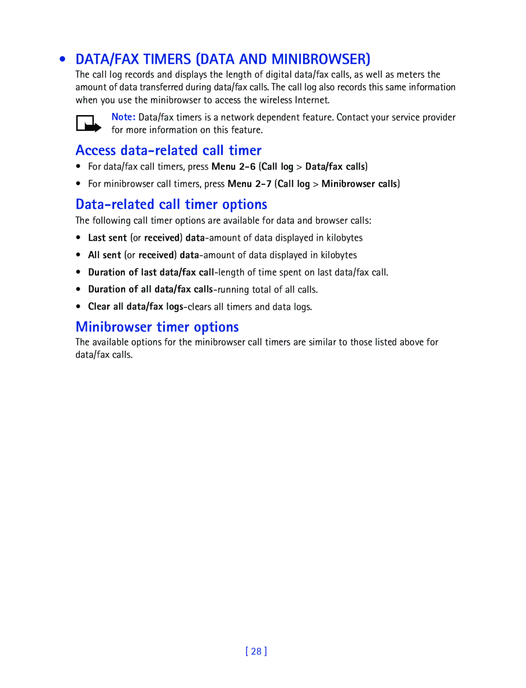 Nokia 2270 manual DATA/FAX Timers Data and Minibrowser, Access data-related call timer, Data-related call timer options 