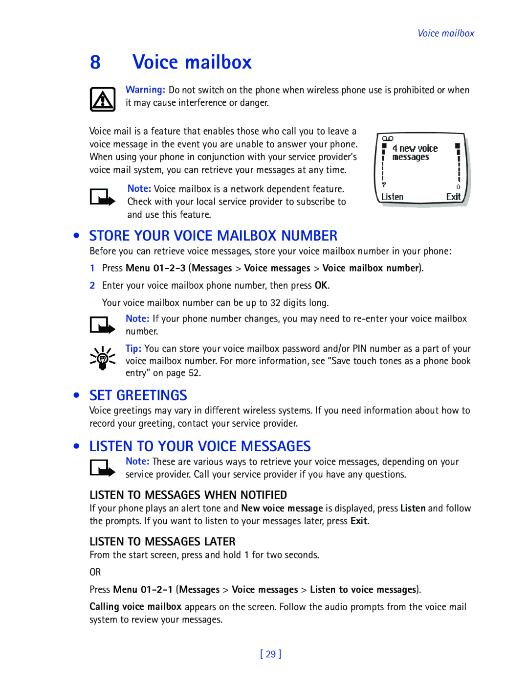 Nokia 2270 manual Voice mailbox, Store Your Voice Mailbox Number, SET Greetings, Listen to Your Voice Messages 