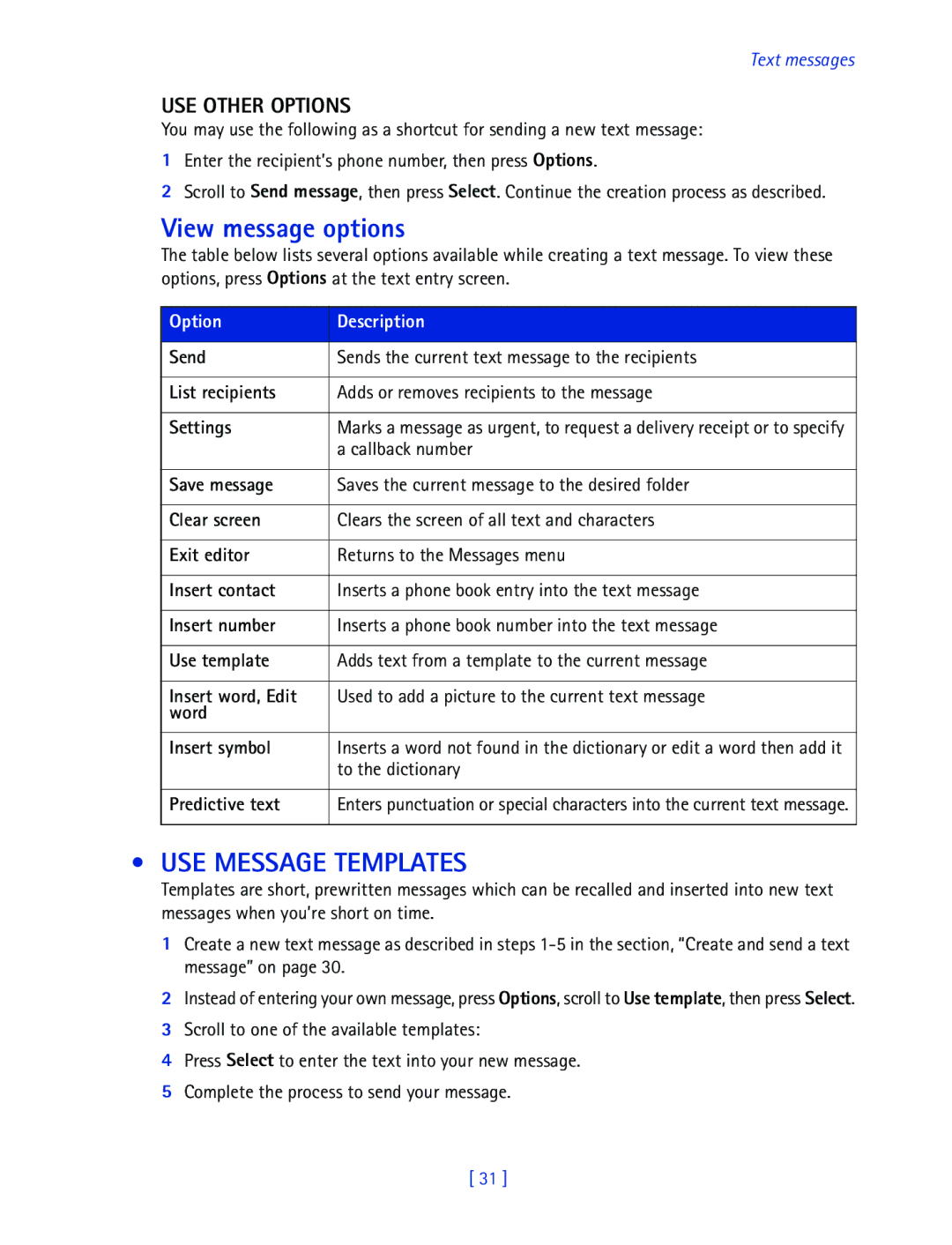 Nokia 2270 manual View message options, USE Message Templates, USE Other Options, Callback number, To the dictionary 