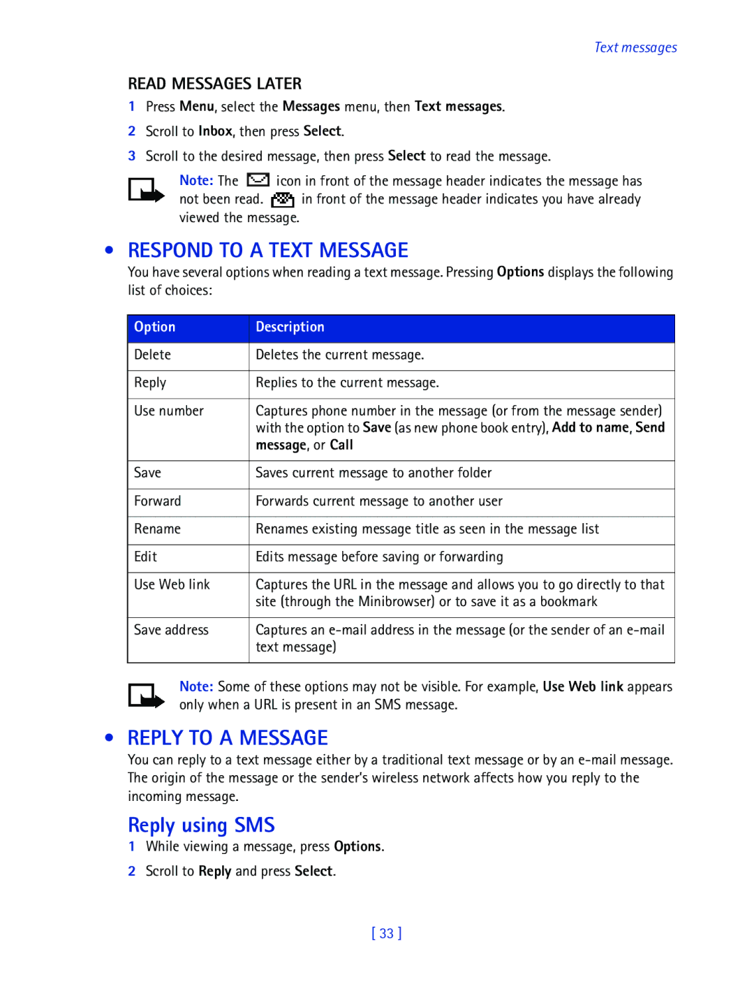 Nokia 2270 manual Respond to a Text Message, Reply to a Message, Reply using SMS, Read Messages Later, Message , or Call 