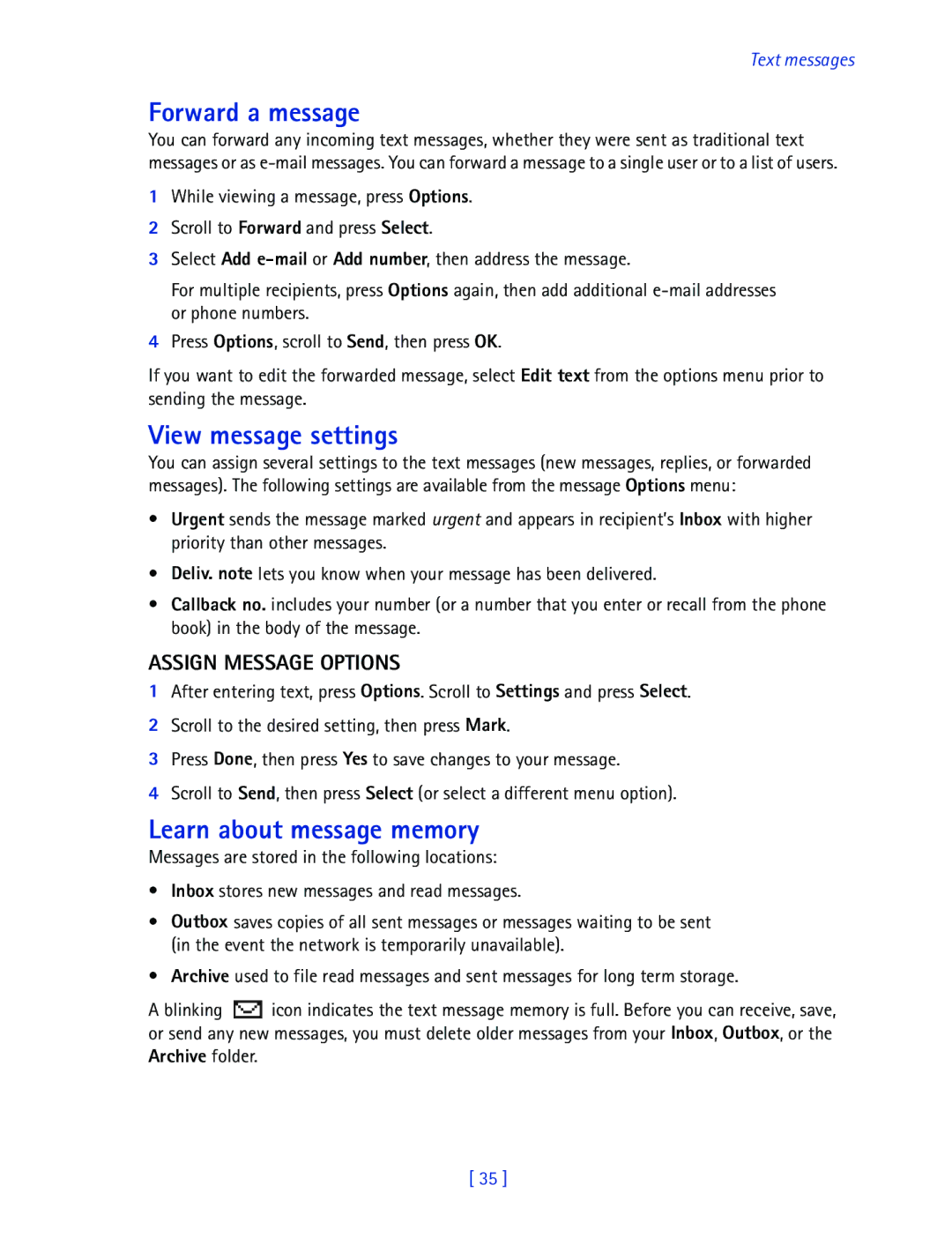 Nokia 2270 manual Forward a message, View message settings, Learn about message memory, Assign Message Options 