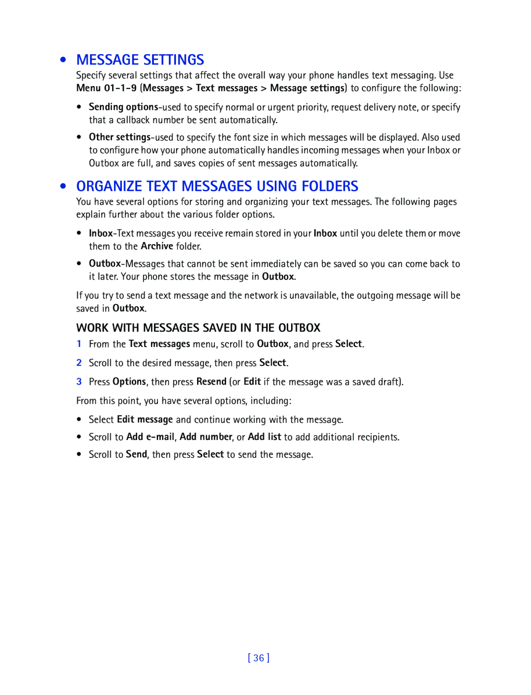 Nokia 2270 manual Message Settings, Organize Text Messages Using Folders, Work with Messages Saved in the Outbox 