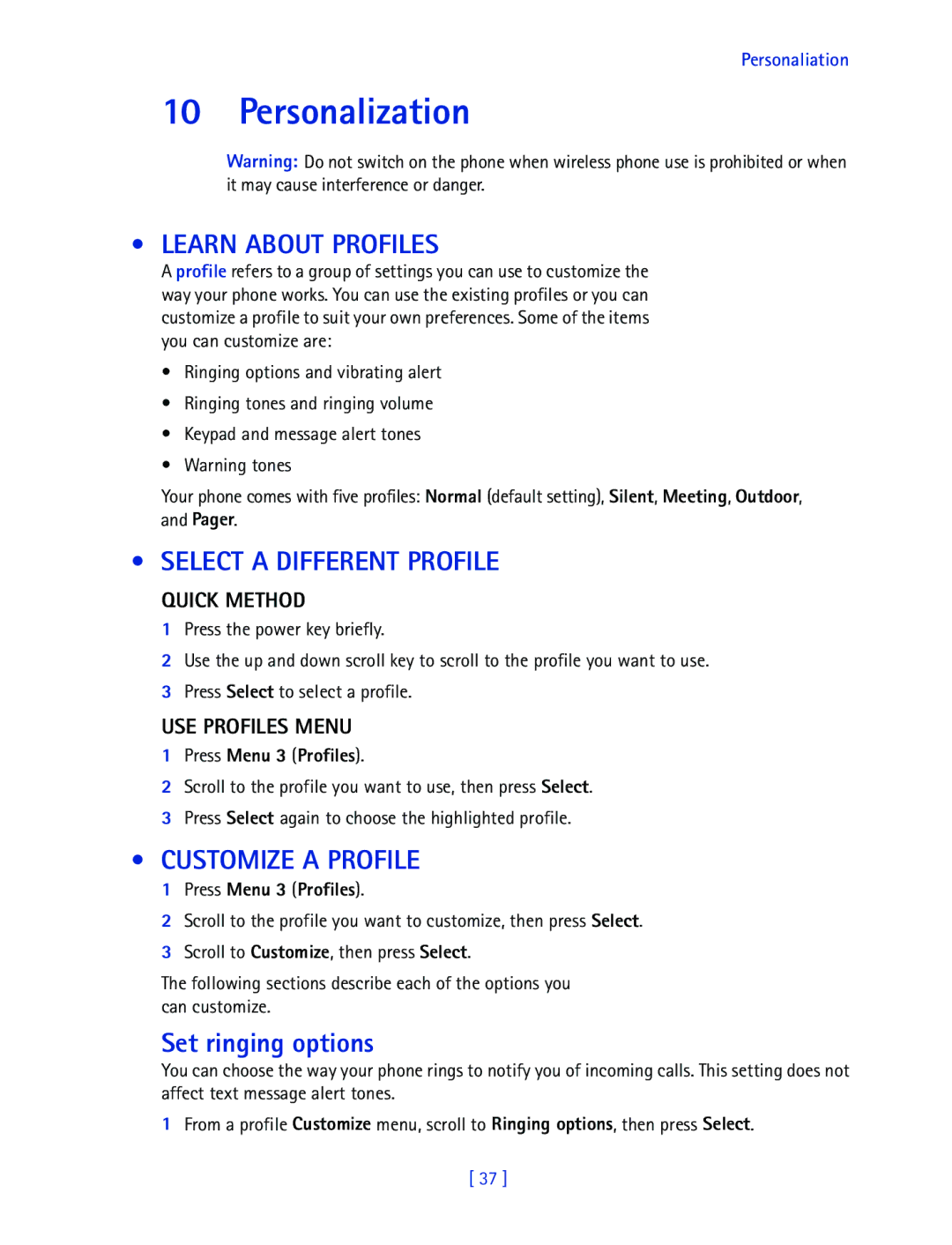 Nokia 2270 Personalization, Learn about Profiles, Select a Different Profile, Customize a Profile, Set ringing options 