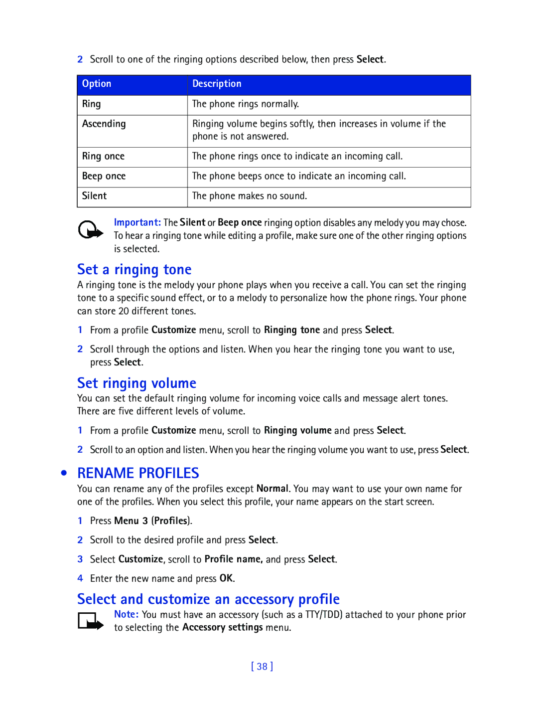 Nokia 2270 manual Set a ringing tone, Set ringing volume, Rename Profiles, Select and customize an accessory profile 