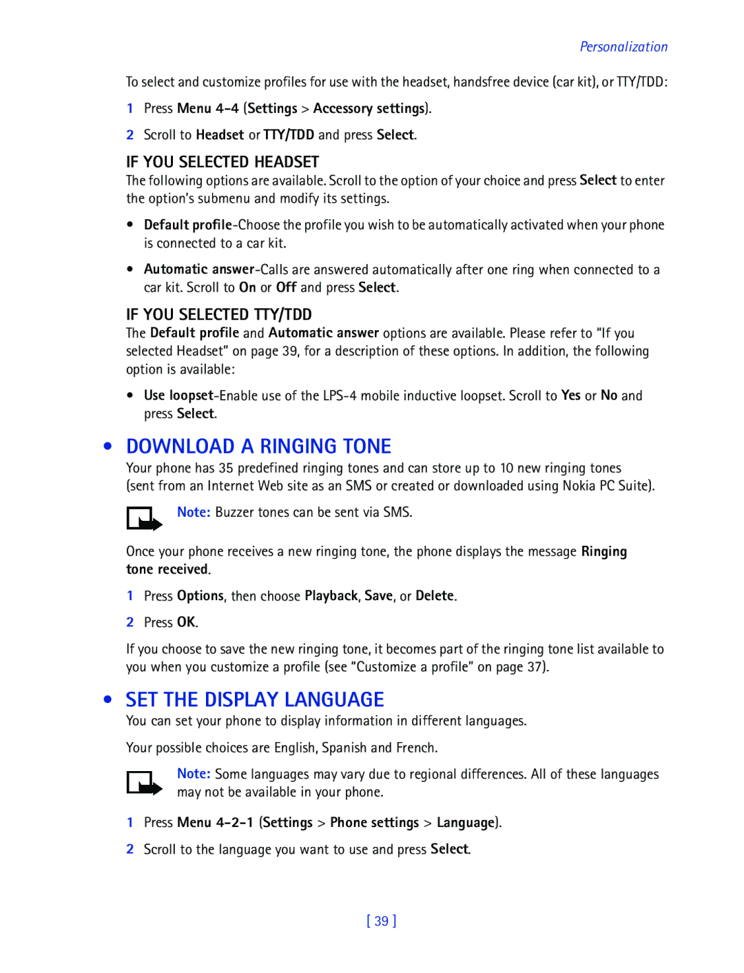 Nokia 2270 manual Download a Ringing Tone, SET the Display Language, If YOU Selected Headset, If YOU Selected TTY/TDD 