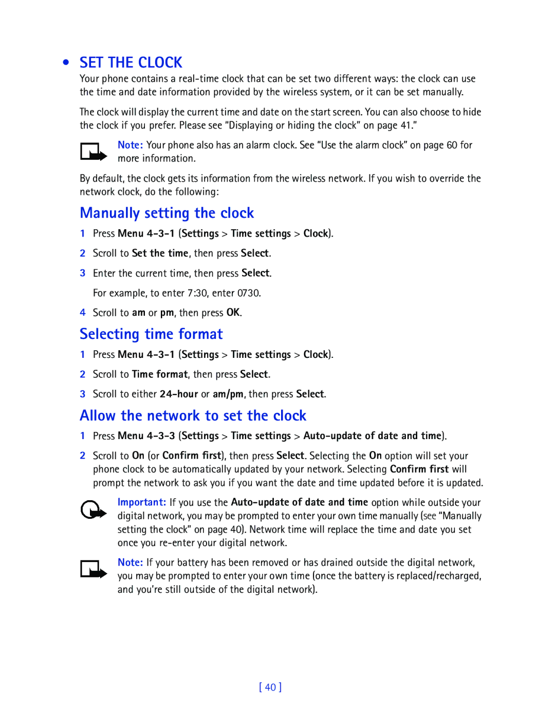 Nokia 2270 manual SET the Clock, Manually setting the clock, Selecting time format, Allow the network to set the clock 