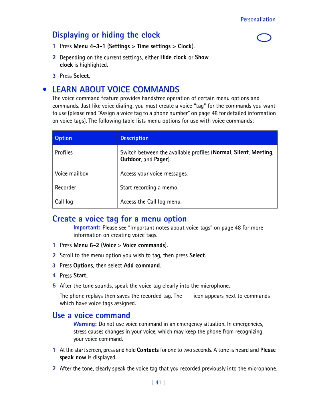 Nokia 2270 manual Displaying or hiding the clock, Learn about Voice Commands, Create a voice tag for a menu option 