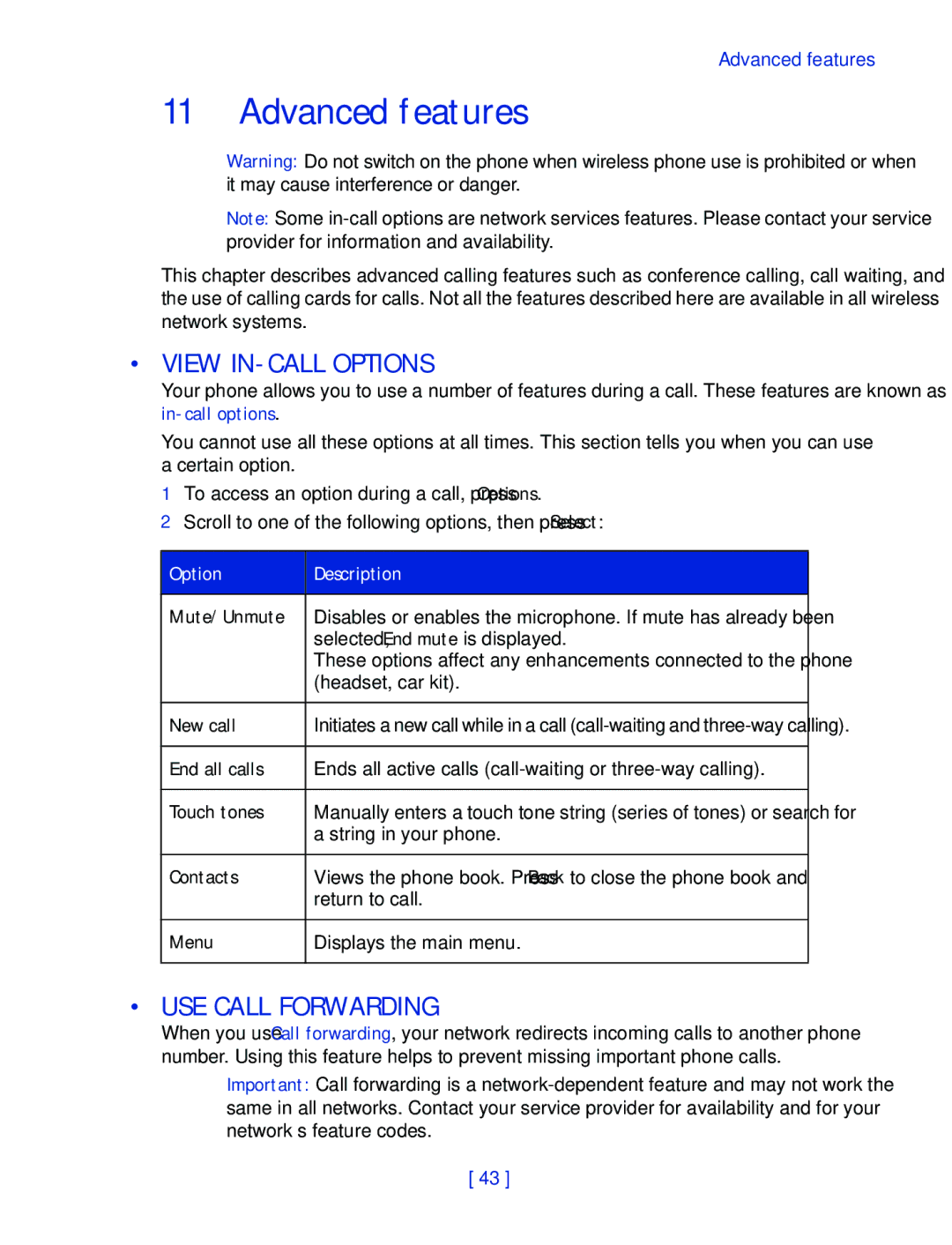 Nokia 2270 manual Advanced features, View IN-CALL Options, USE Call Forwarding 