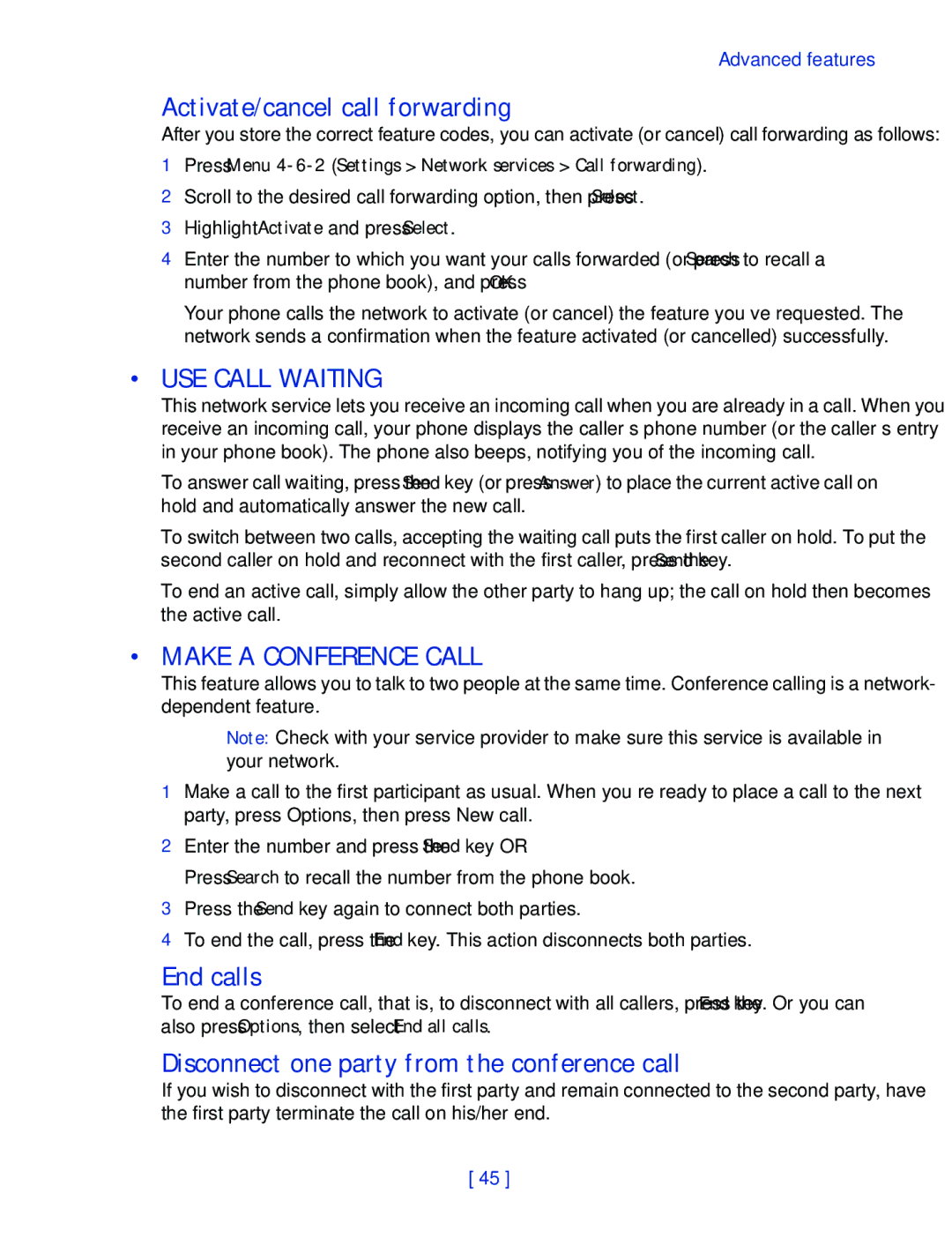 Nokia 2270 manual Activate/cancel call forwarding, USE Call Waiting, Make a Conference Call, End calls 