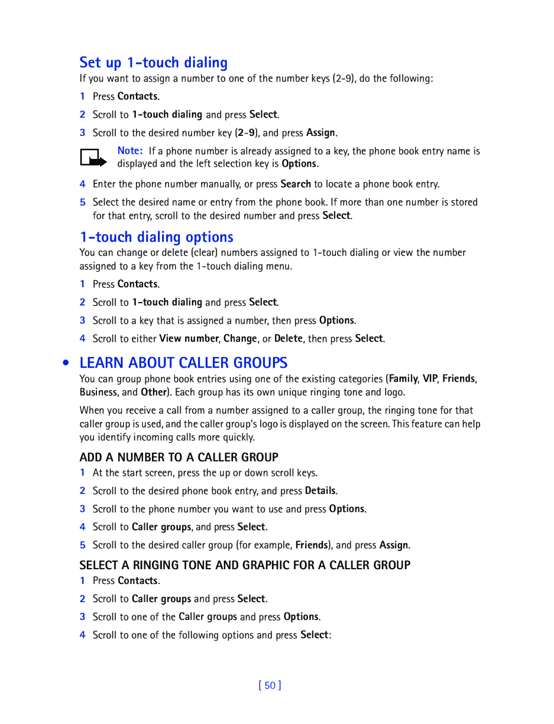 Nokia 2270 manual Set up 1-touch dialing, Touch dialing options, Learn about Caller Groups, ADD a Number to a Caller Group 