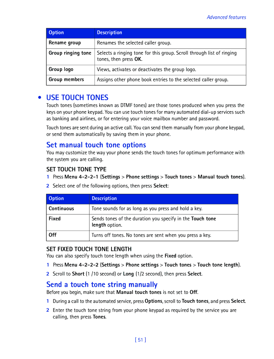 Nokia 2270 USE Touch Tones, Set manual touch tone options, Send a touch tone string manually, SET Touch Tone Type 