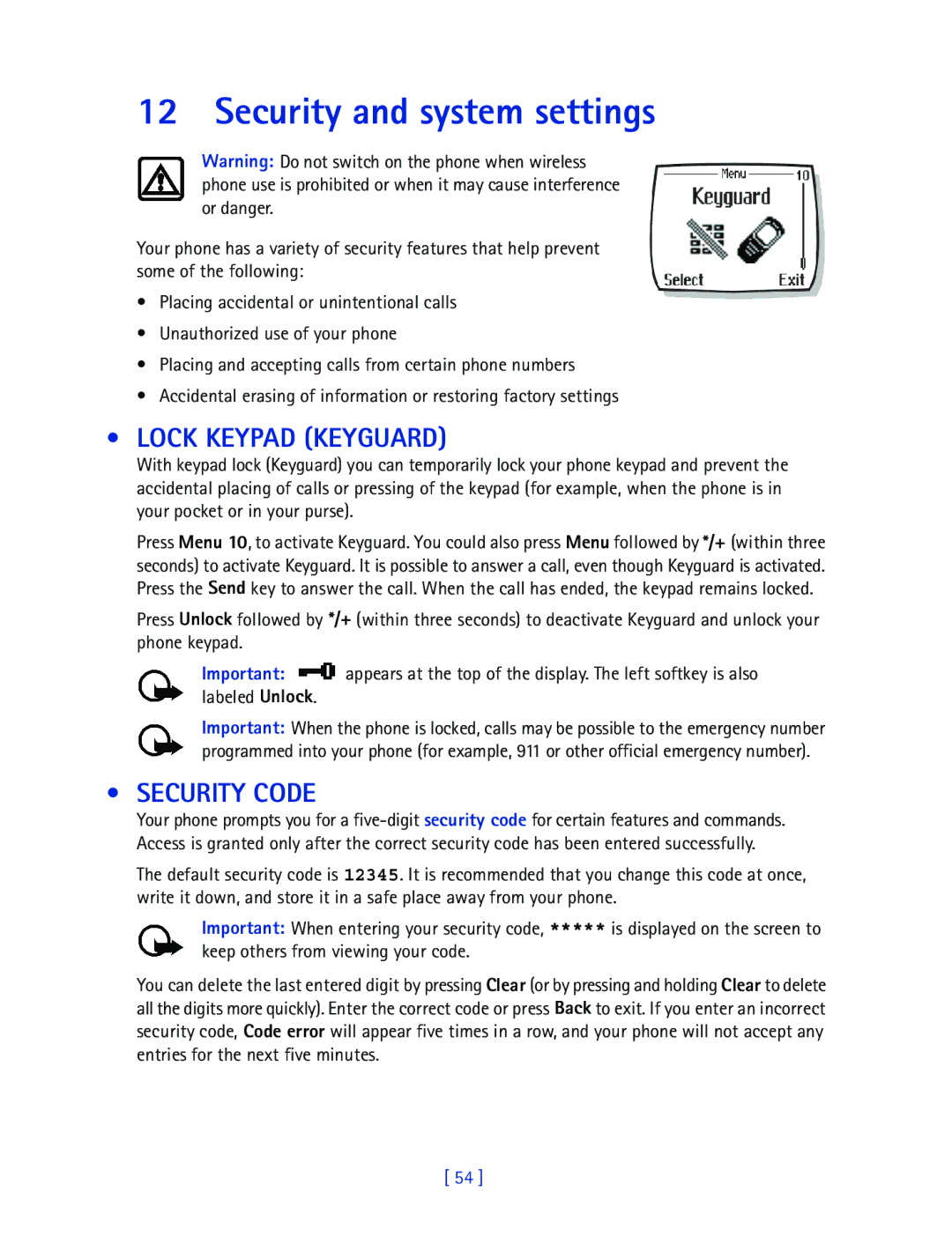 Nokia 2270 manual Security and system settings, Lock Keypad Keyguard, Security Code 