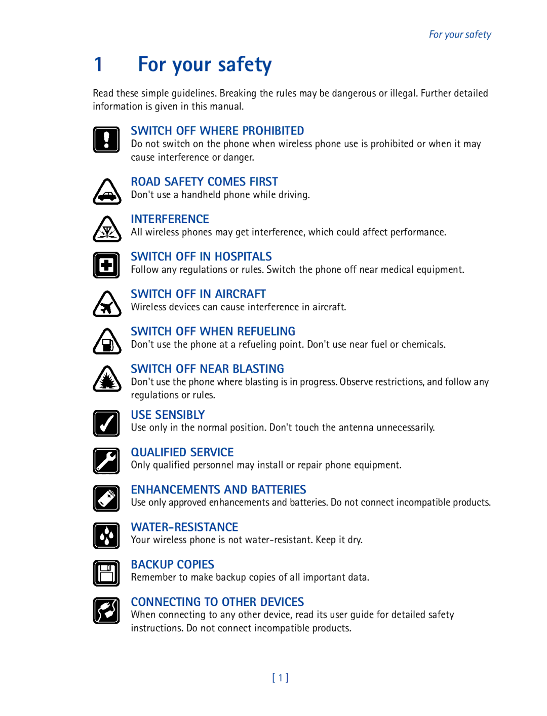 Nokia 2270 For your safety, Dont use a handheld phone while driving, Wireless devices can cause interference in aircraft 