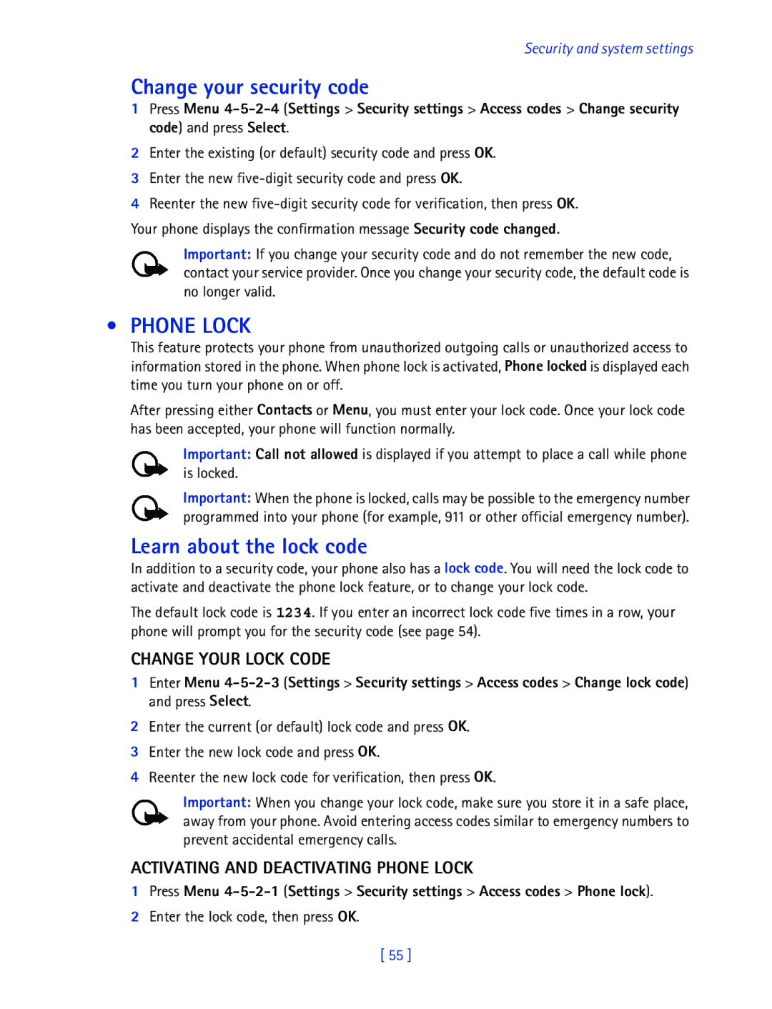 Nokia 2270 manual Change your security code, Phone Lock, Learn about the lock code, Change Your Lock Code 
