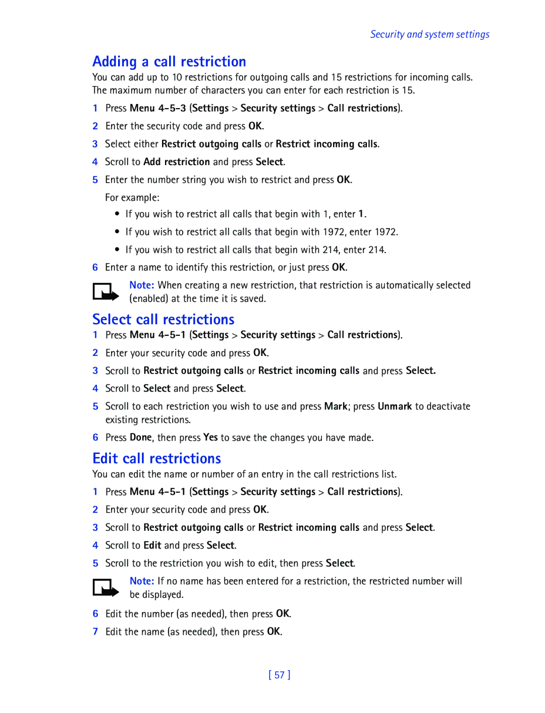 Nokia 2270 manual Adding a call restriction, Select call restrictions, Edit call restrictions 