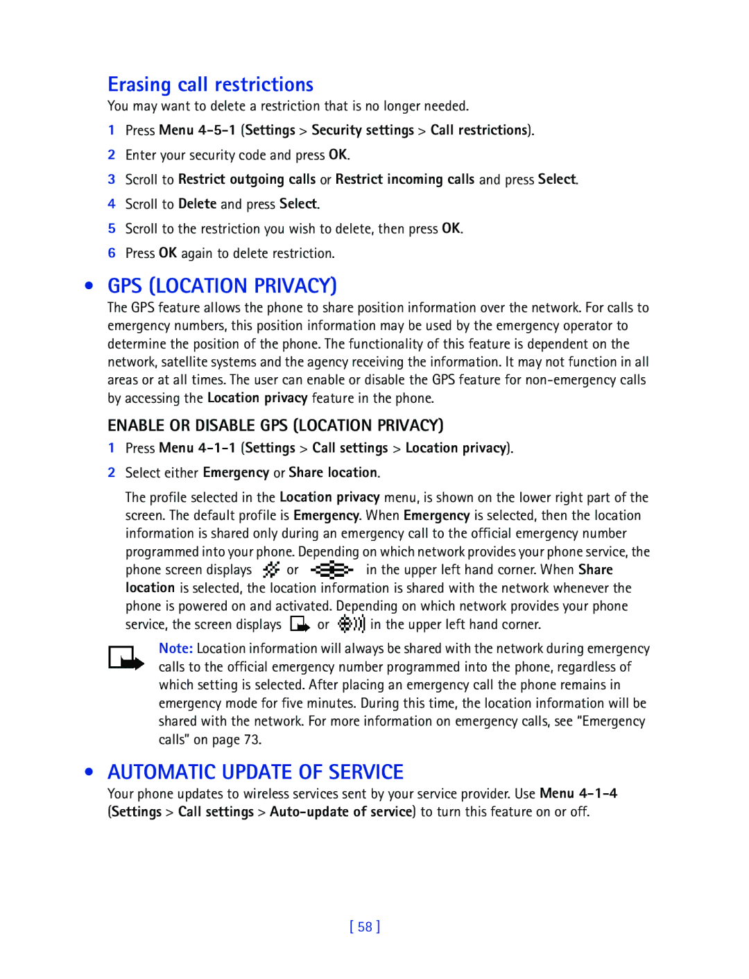 Nokia 2270 manual Erasing call restrictions, GPS Location Privacy, Automatic Update of Service 