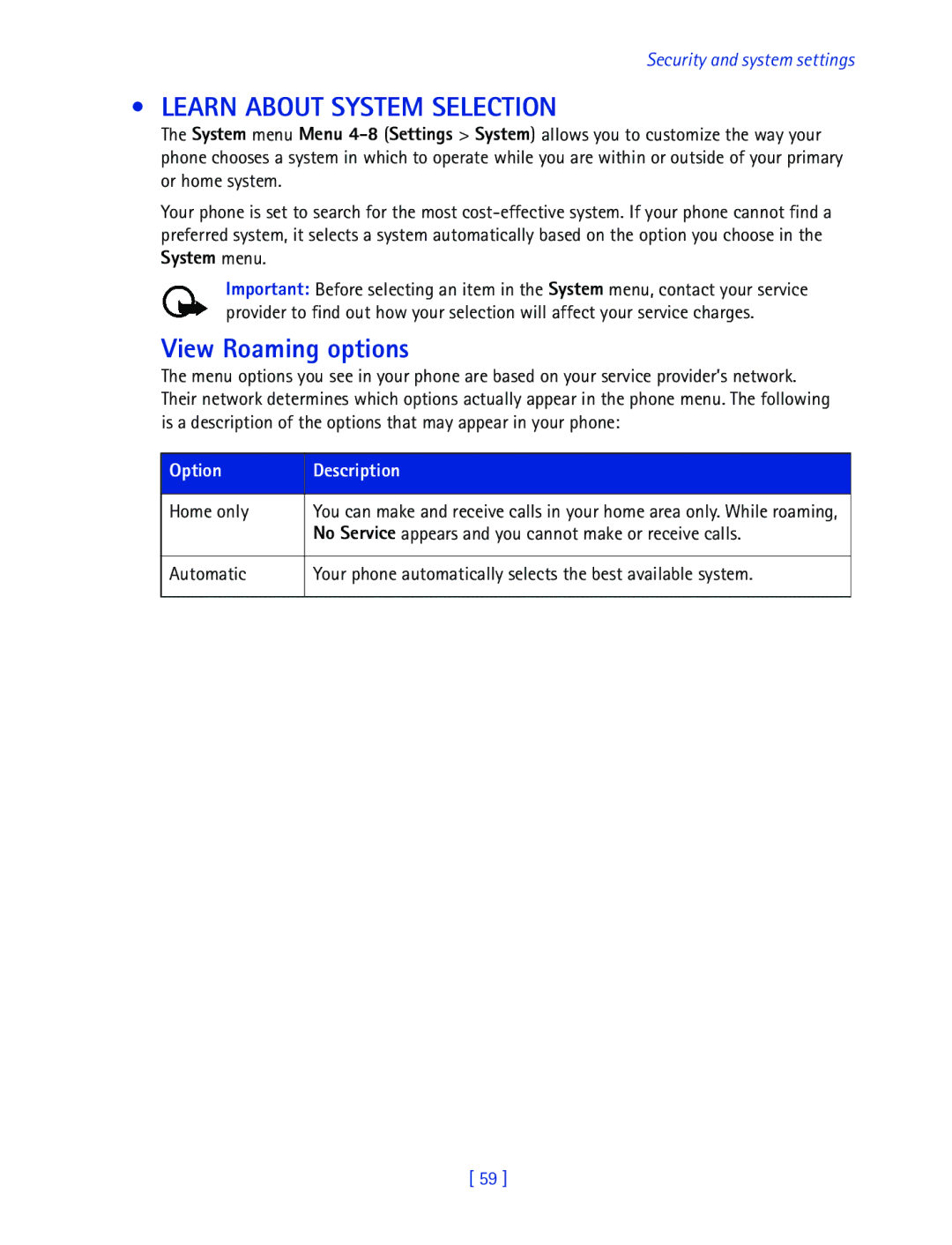 Nokia 2270 manual Learn about System Selection, View Roaming options, Option Description Home only 