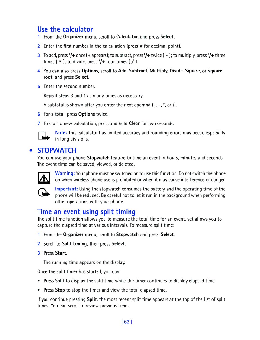 Nokia 2270 manual Use the calculator, Stopwatch, Time an event using split timing 