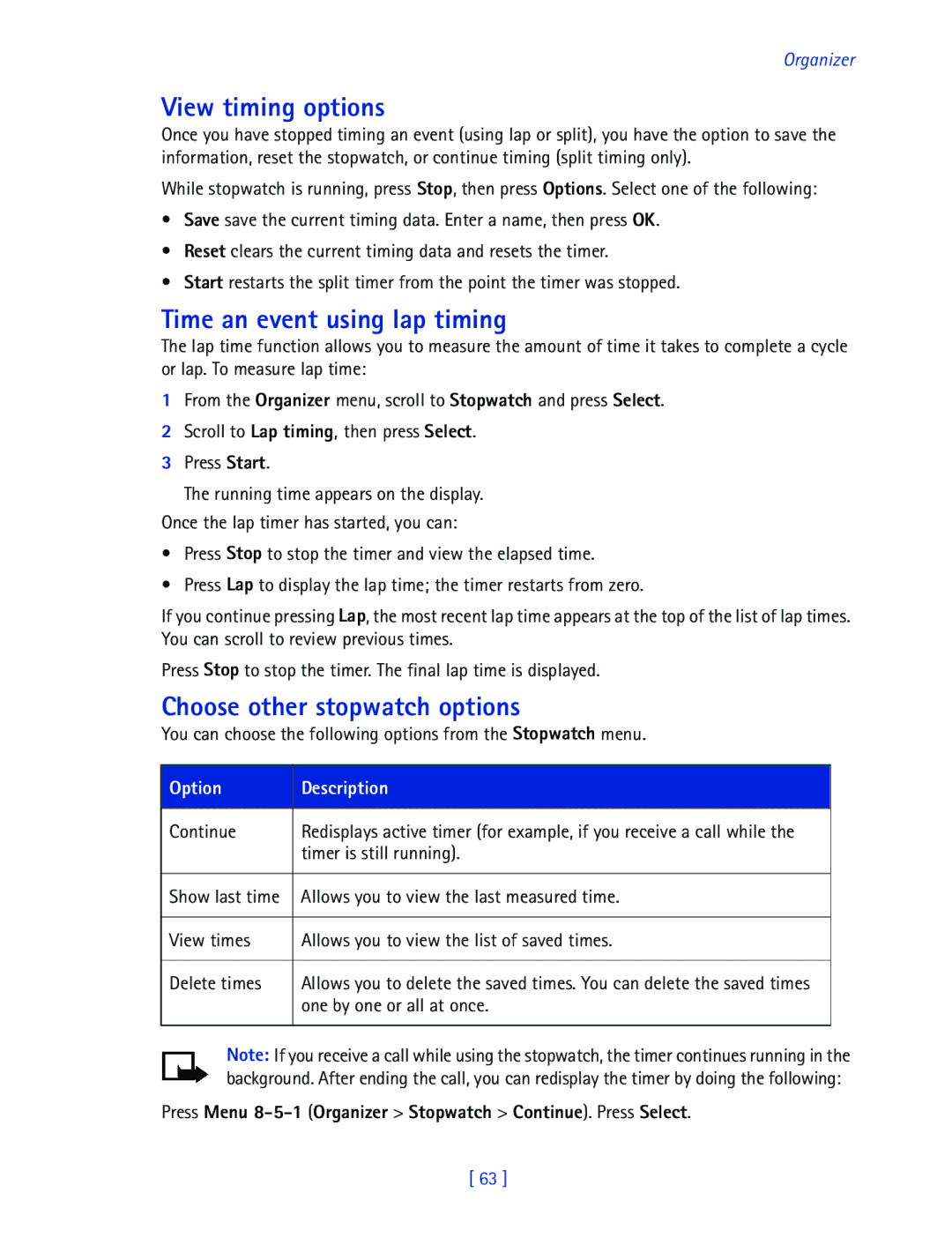 Nokia 2270 manual View timing options, Time an event using lap timing, Choose other stopwatch options 