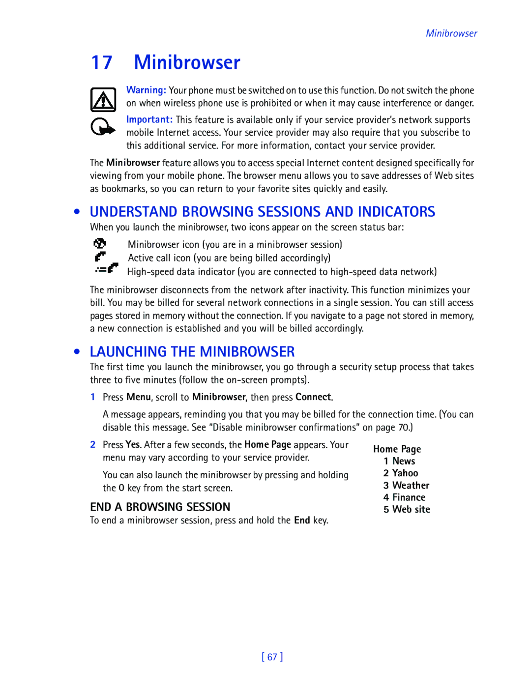 Nokia 2270 manual Understand Browsing Sessions and Indicators, Launching the Minibrowser, END a Browsing Session 