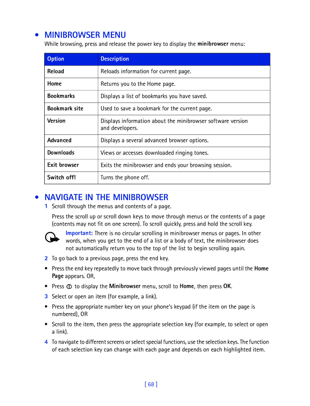 Nokia 2270 manual Minibrowser Menu, Navigate in the Minibrowser 